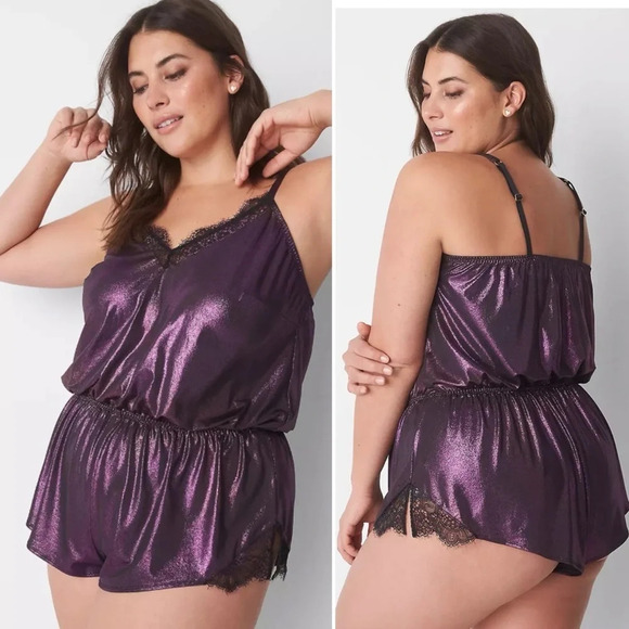 Cacique Foiled Romper Lace Accents Purple Sz 14/16 Lane Bryant - Picture 1 of 7